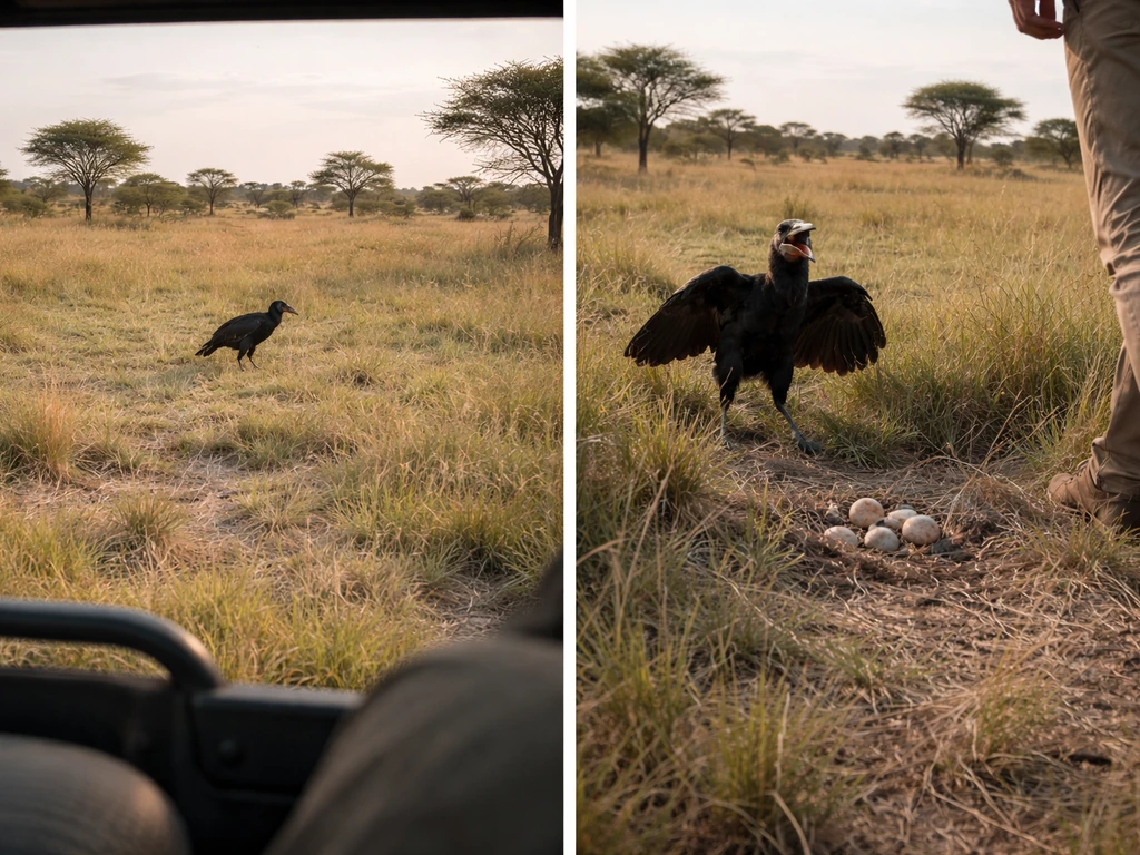 Split-scene photo: calm bird foraging from vehicle versus defensive bird during on-foot nest approach