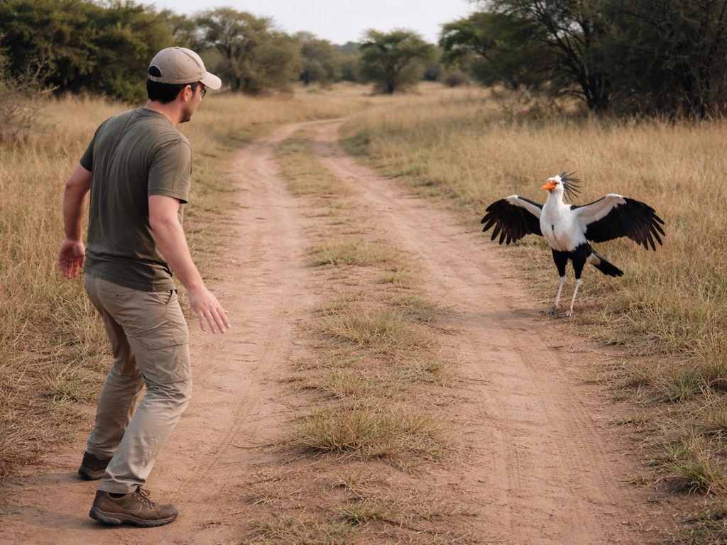 Person backing away slowly at a respectful distance from an aggressive bird on a savanna path