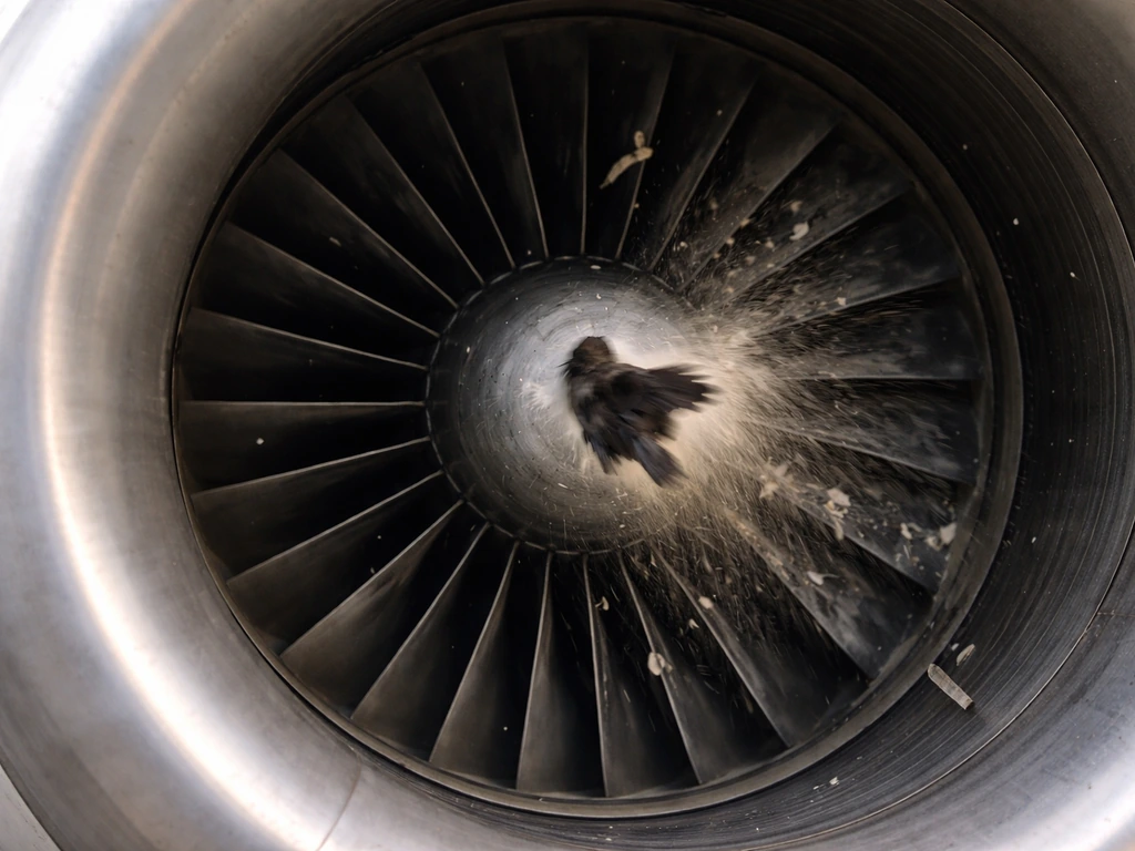 Cutaway close-up of a jet engine intake ingesting a bird with visibly damaged fan blades.
