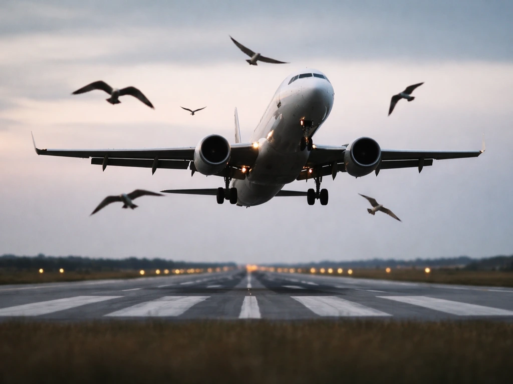 Low-altitude takeoff scene with birds flying near an aircraft’s path by the runway.