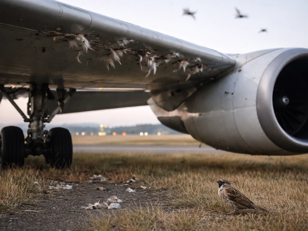 Feathers and small bird fragments on an airplane wing with a startled wild bird nearby on the runway grass.