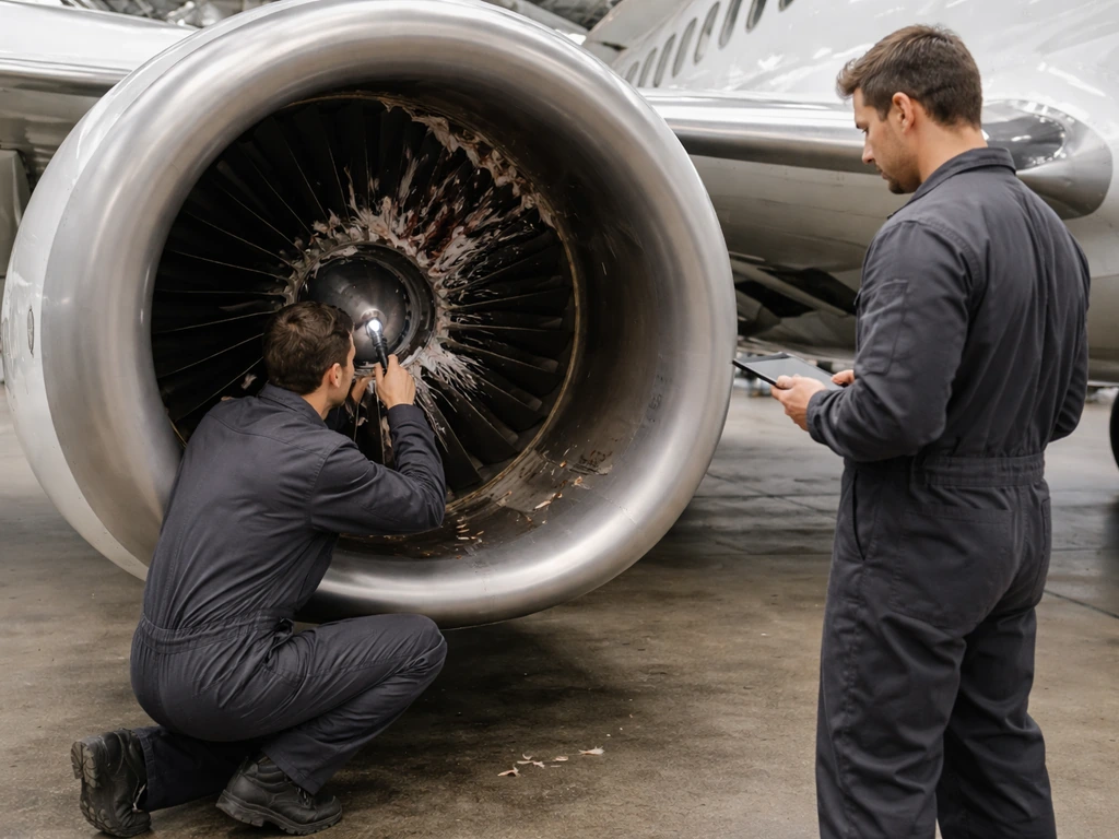 Mechanic inspects an aircraft engine inlet while another checks a maintenance log tablet in a hangar.