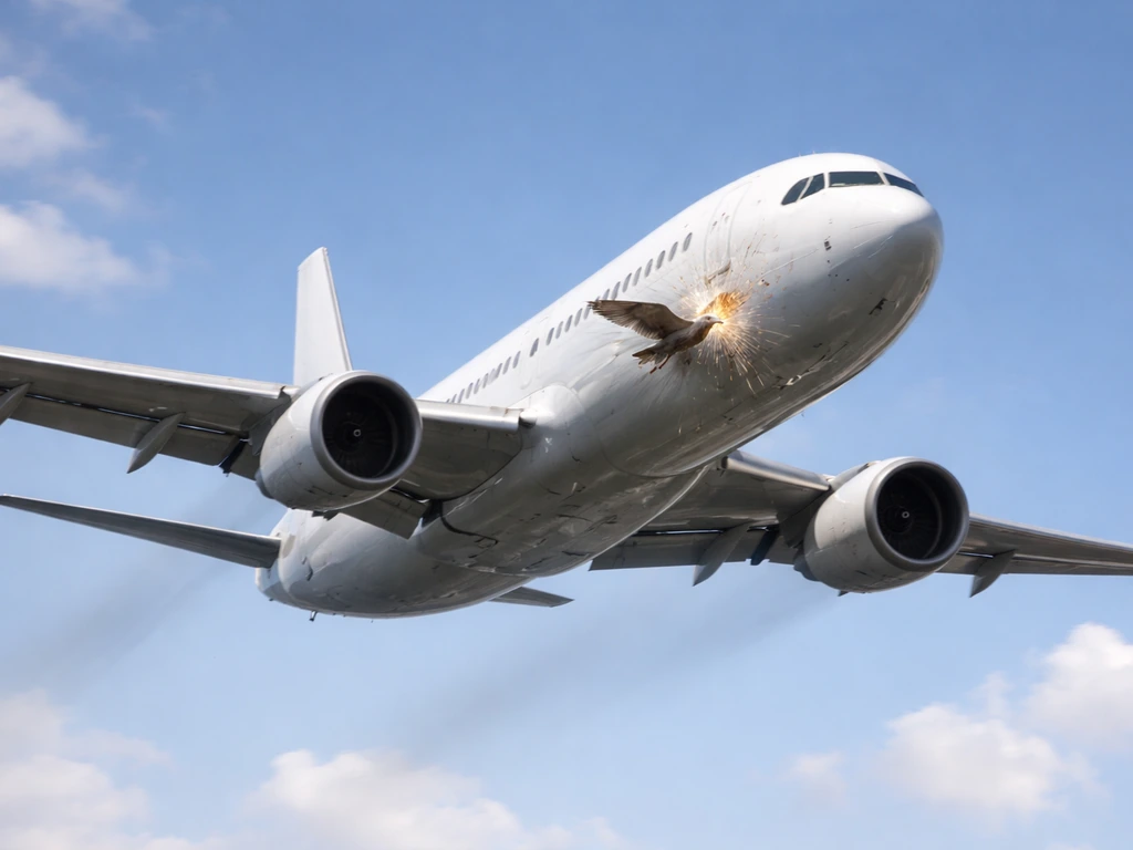 Commercial jet in flight with a single bird striking near the wing/fuselage, showing a brief impact moment.