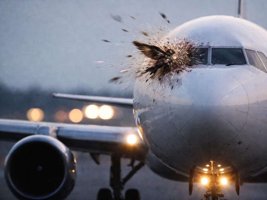 A small bird impacts the aircraft’s front leading edge, with debris and motion blur.
