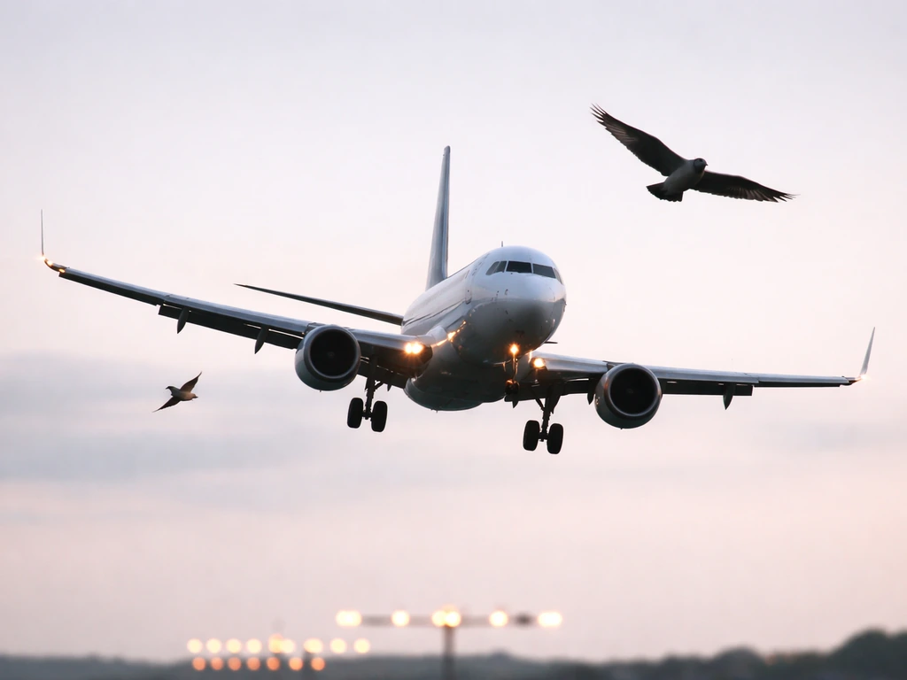 Minimal photo-style scene showing a small bird and a larger bird in flight near an aircraft wing during approach