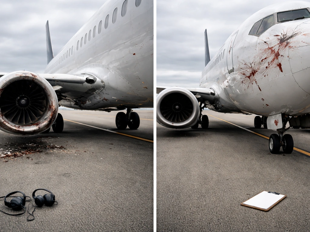 Split-scene photo showing bird strike impact on an airplane engine versus airframe-only exterior damage.