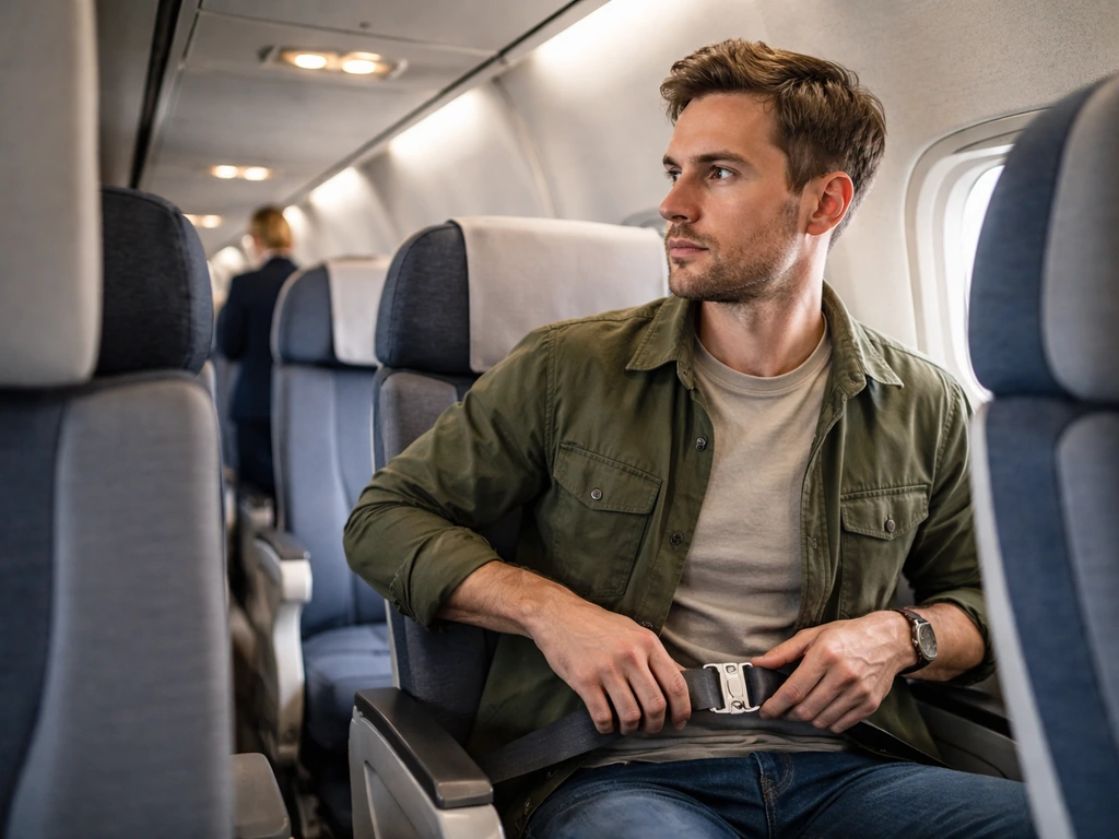 Airplane cabin view of a seated passenger buckling a seat belt after a suspected bird strike.