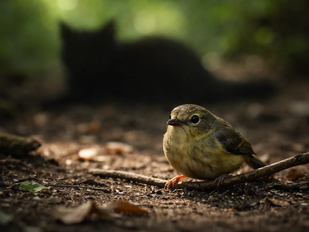 Small bird perched tensely near a cat silhouette, suggesting the danger of a cat bite or scratch.