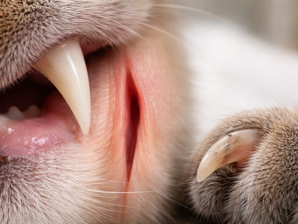 Macro close-up of a cat’s needle-like canine tooth and claw suggesting deep puncture near a joint.