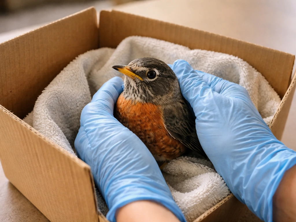 Gloved hands gently holding a calm bird inside a towel-lined carrier for safe first aid containment.