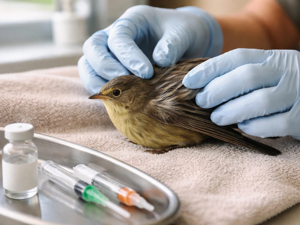 Gloved vet examines a bird’s feathers for hidden punctures while syringes and antibiotics sit nearby.