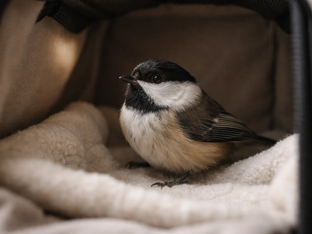 A small alert songbird resting in a dim, safe carrier lined with soft cloth.
