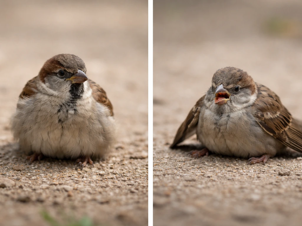 Two-panel-style photo: a calm fluffed bird vs. an emergency bird with open-mouth breathing and collapsed posture.