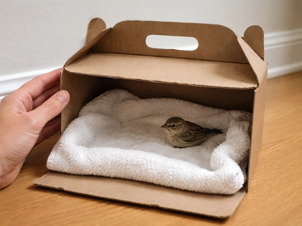 Small towel-lined covered carrier held steady with a hand, bird inside resting quietly.