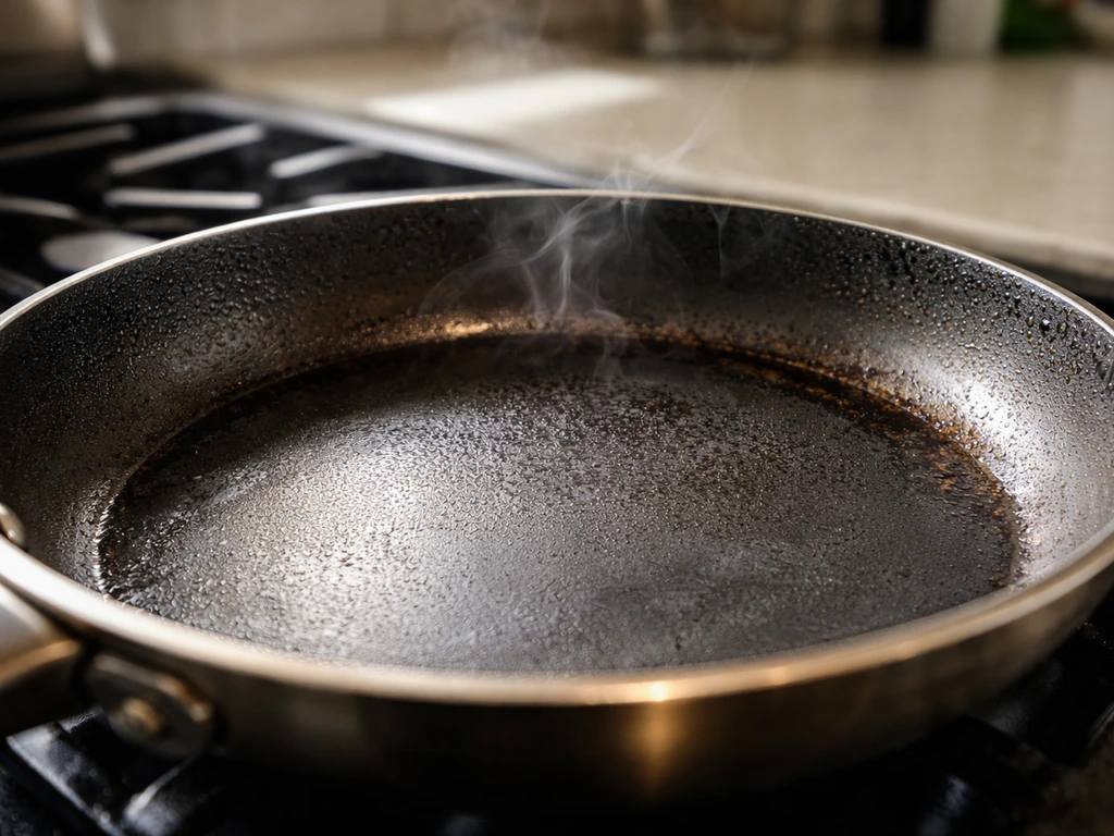 Close-up of a scorched non-stick pan with steam rising, signaling a toxic overheating hazard for pet birds.