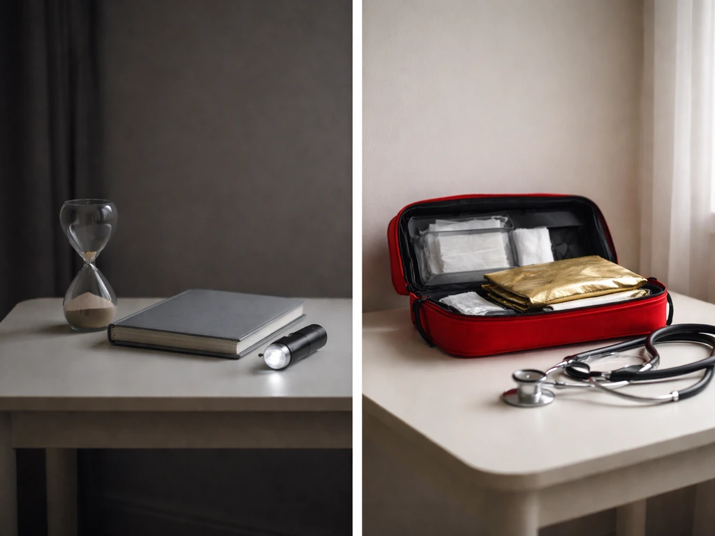 Minimal table-style comparison scene: quiet room with phone timer and simple emergency preparedness items
