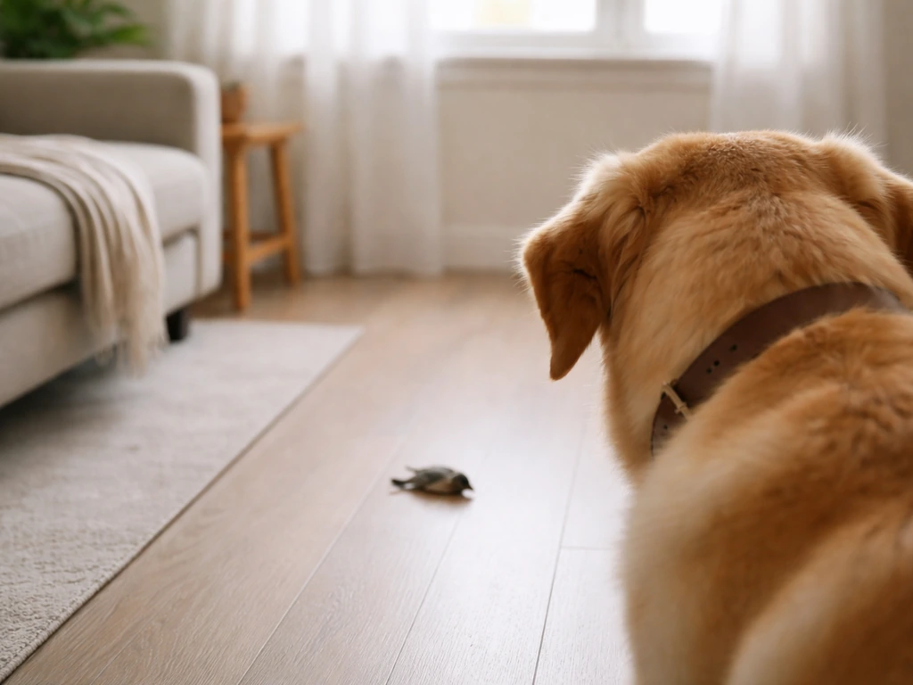 Dog in a simple room near a small dead bird on the floor, kept at a safe distance.