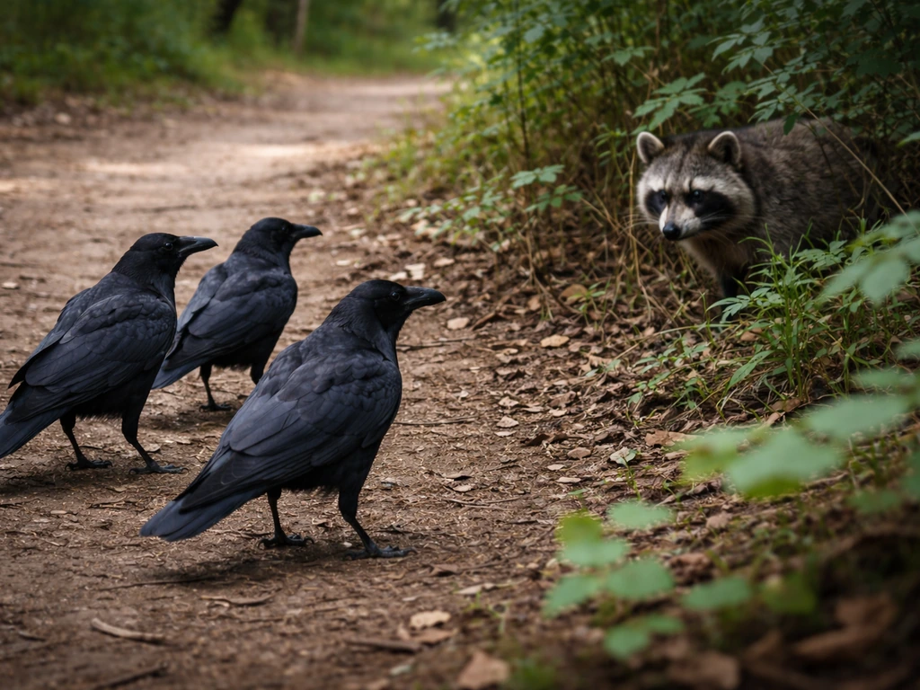 Crows and a raccoon approach a forest path where a bird carcass is off-frame.