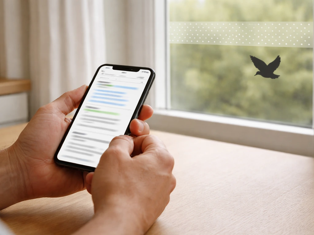 Hands holding a smartphone with blurred wildlife hotline search, beside window-collision prevention film and reflector.