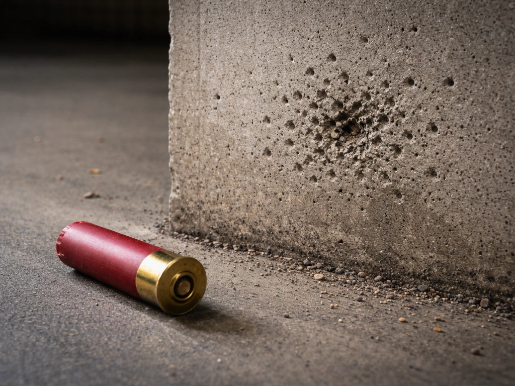 Close-up shotgun shell near a target wall showing a small pellet scatter from close range