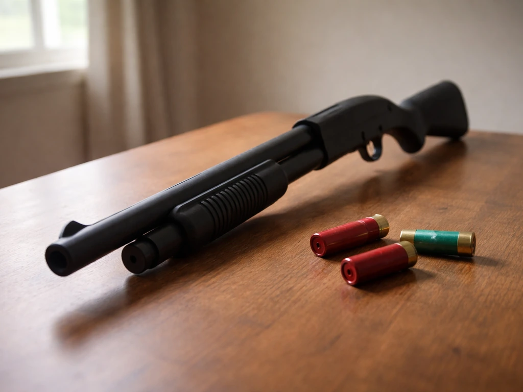 Close-up of a hunting shotgun resting on a table indoors, empty background suggesting a past hunting accident risk