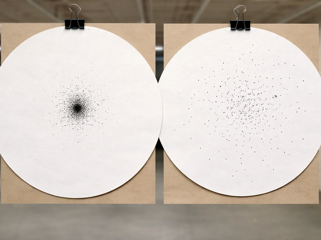 Two simple paper target discs showing a tight pellet cluster at close range and wider spread farther away