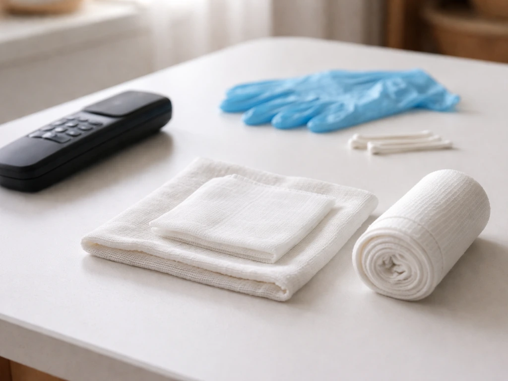 First-aid supplies arranged next to a phone handset, ready for emergency response to a suspected birdshot wound.