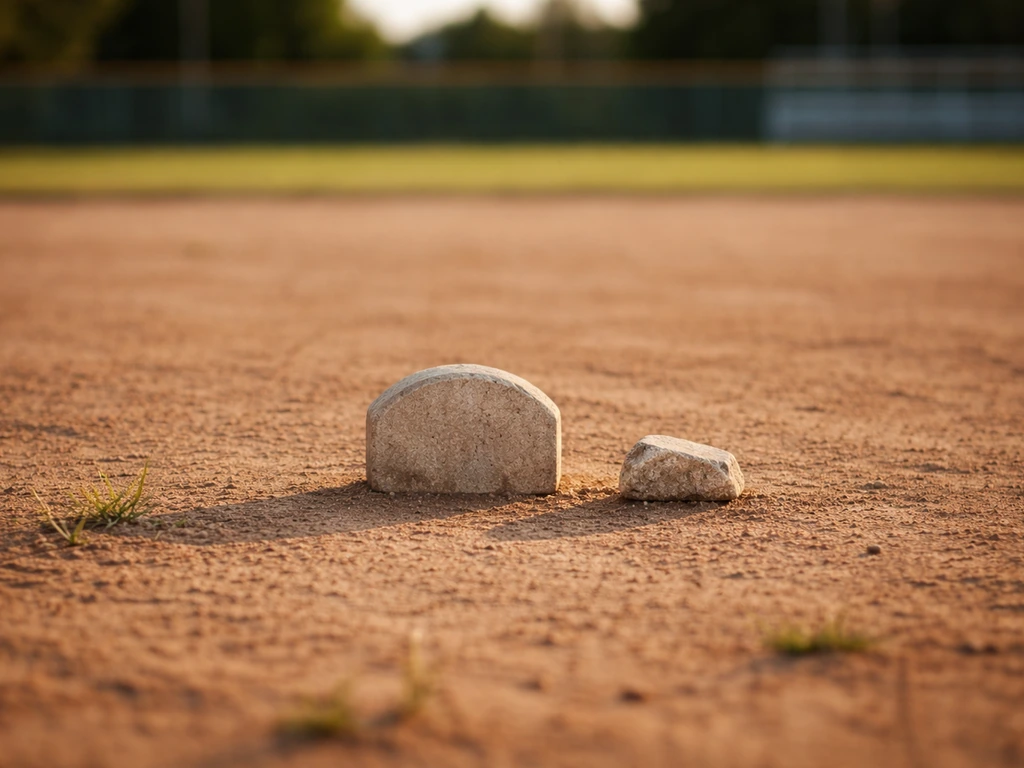 Empty baseball field foreground with two small marker-like objects suggesting variant wording.