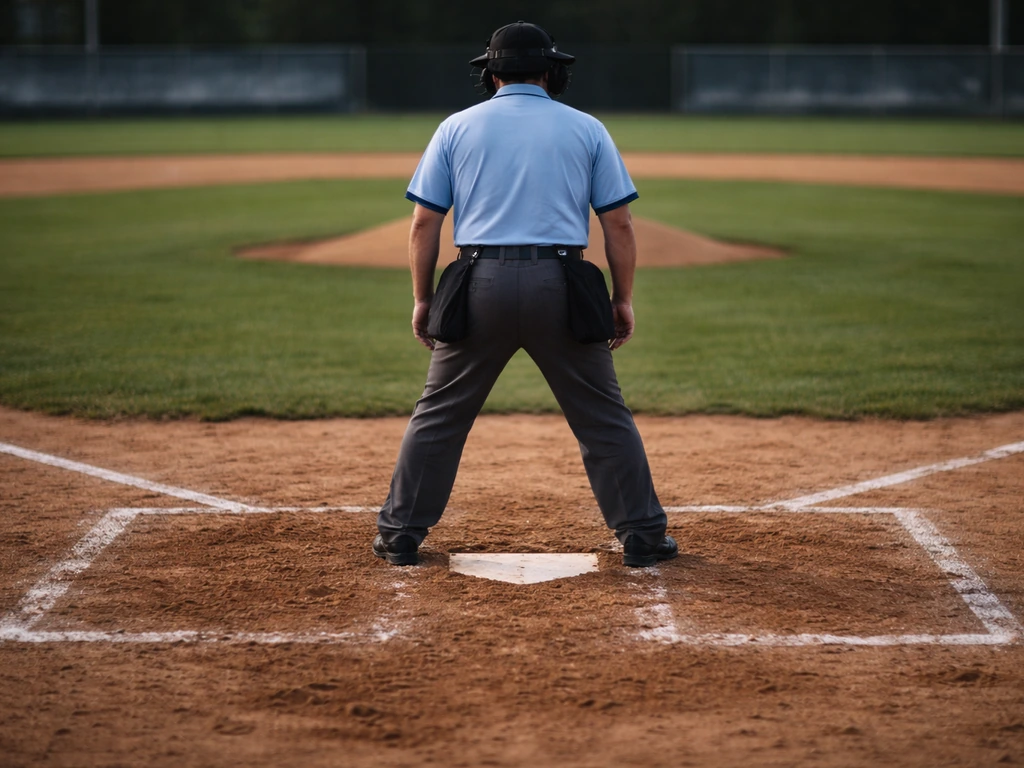 Baseball umpire at home plate view, pitch location implied on the field without showing any player injuries or fines.