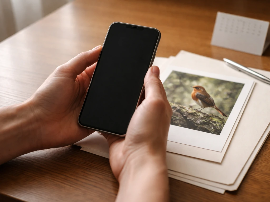 Close-up of hands holding a phone over printed bird photo, with an official-looking document nearby