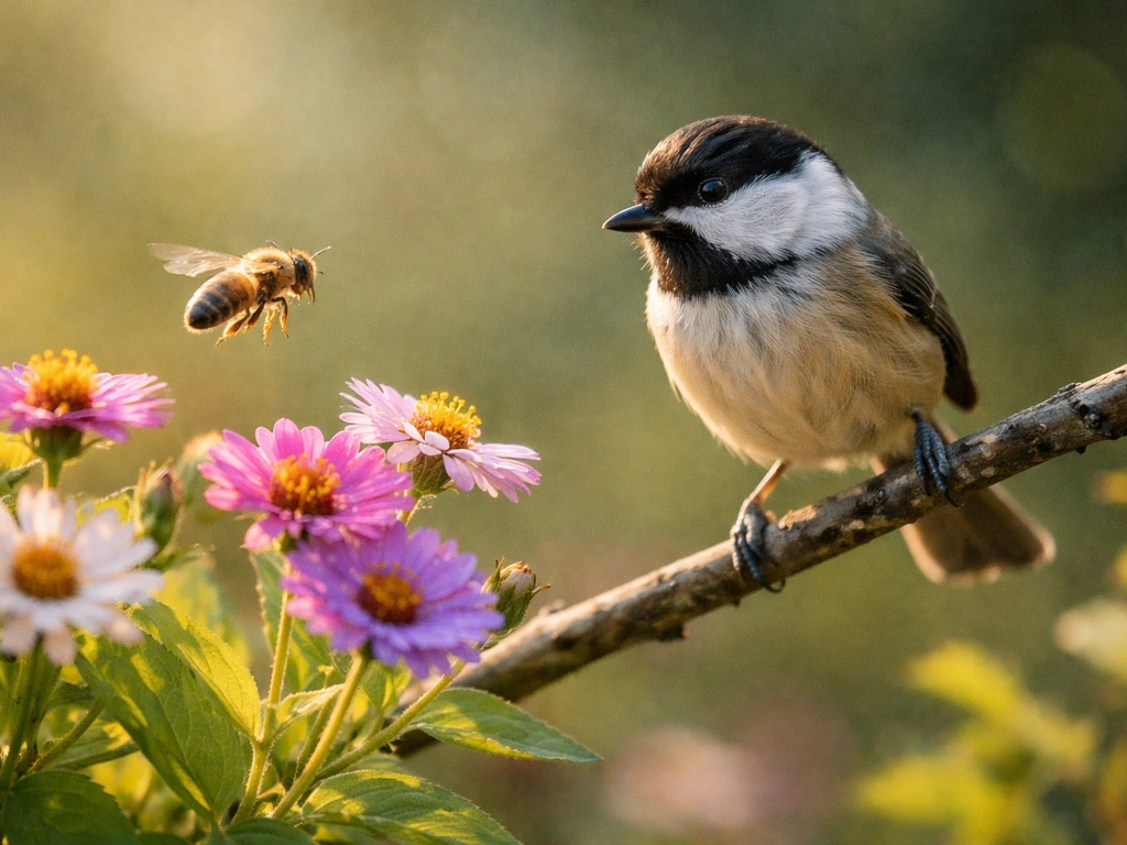 Small bird in a flowered garden with a nearby bee hovering close, suggesting sting danger.