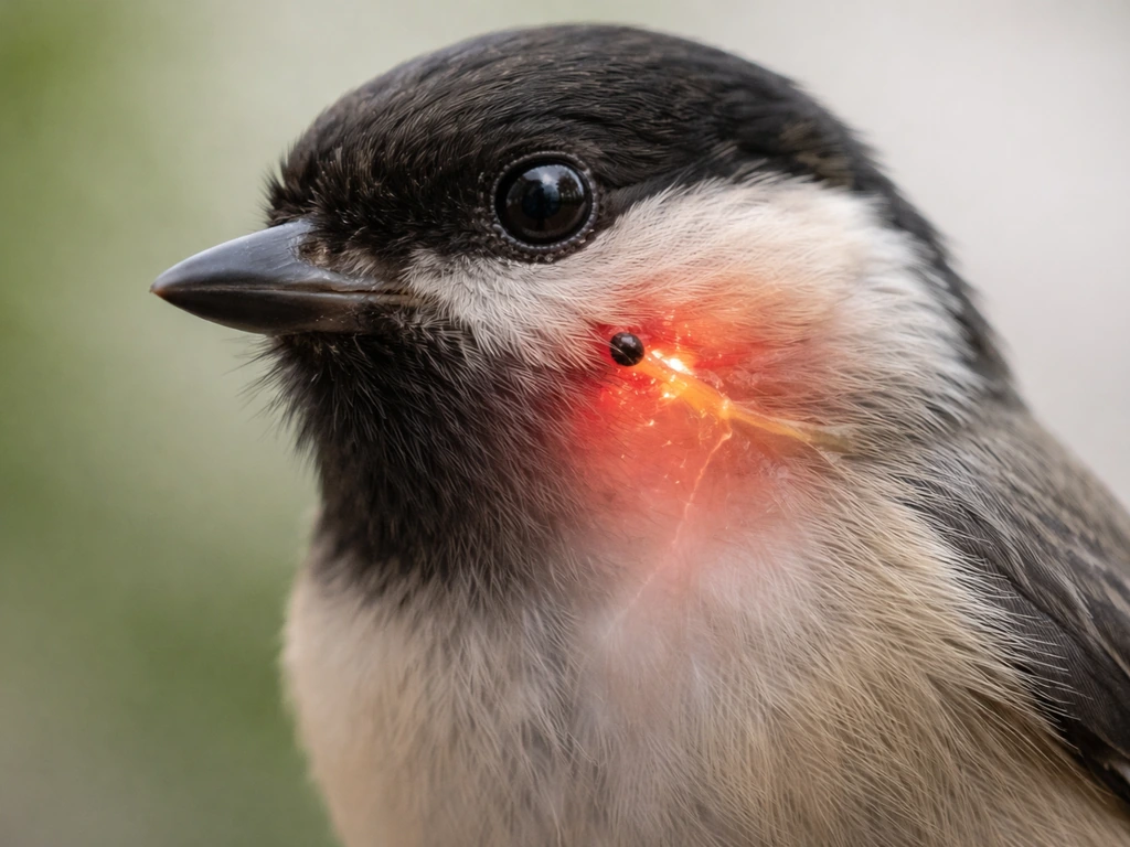 Anonymous small bird with a sting puncture near the face; subtle swelling and airway-risk highlights around the neck.