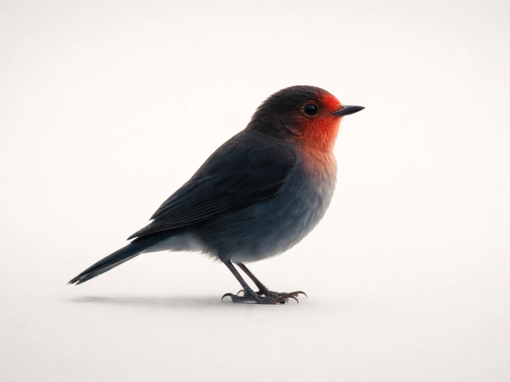 Bird silhouette with red highlights on face, mouth, eyes, and neck; blue shading on body and wings.