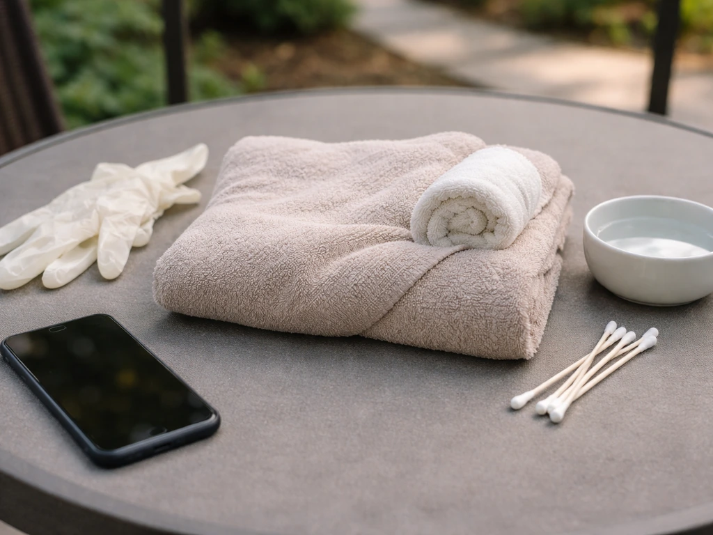 Close-up of a bird first-aid setup with a towel, gloves, and a phone for immediate wildlife help.