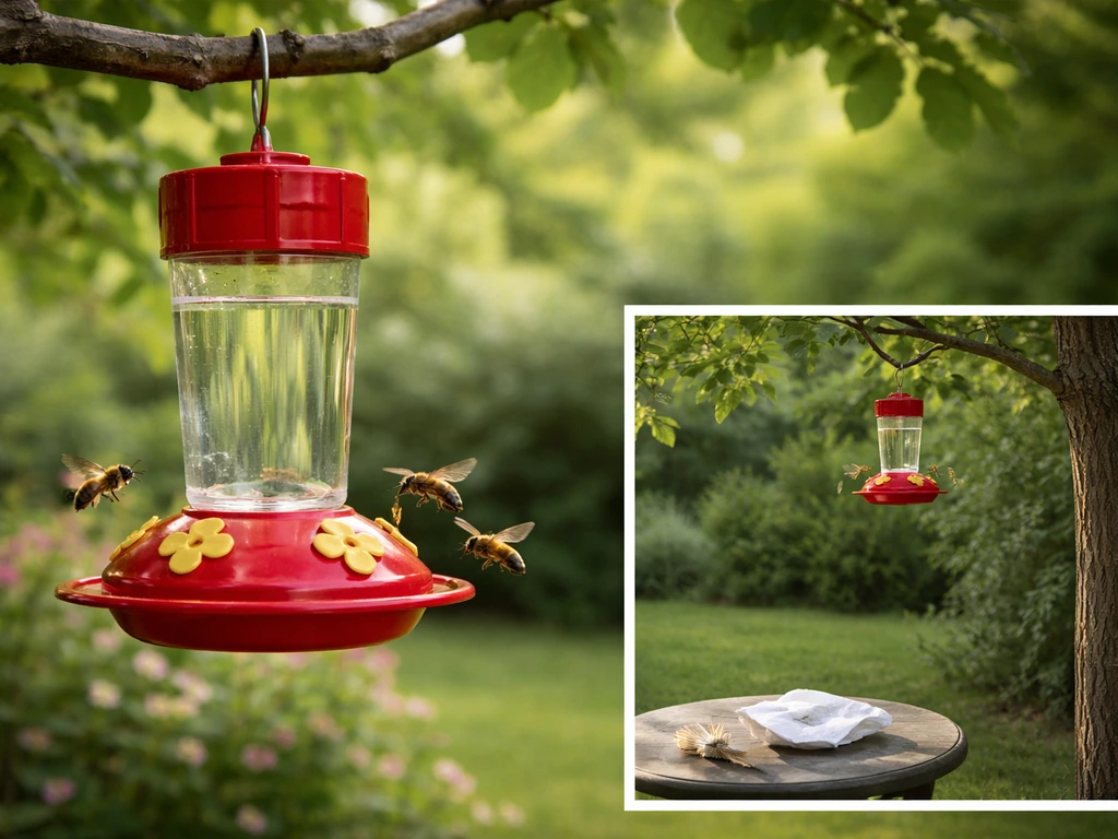Backyard hummingbird feeder with bees approaching sugar water, plus an inset of safer, cleaner placement.