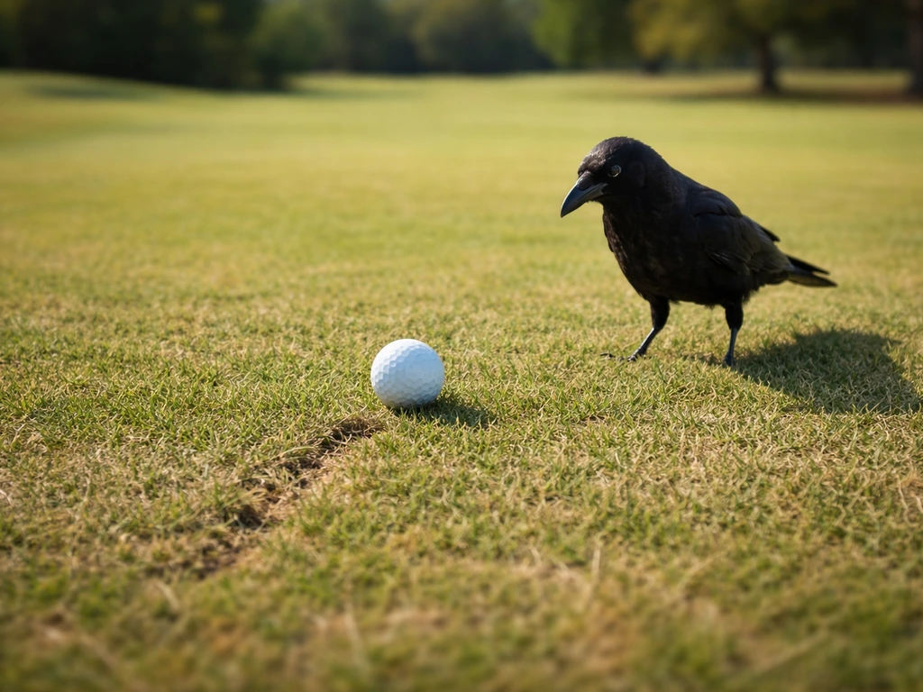 A golf ball on the fairway with a nearby crow, suggesting the bird just moved it.
