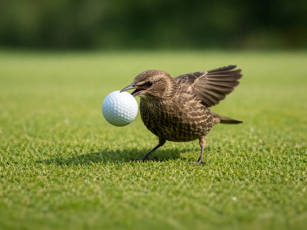 A bird lifts a golf ball off the grass, captured mid-motion on a quiet course.