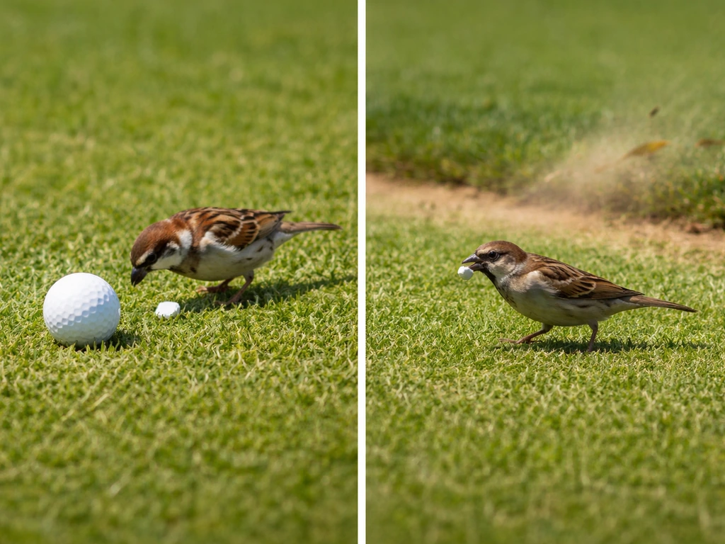 Minimal side-by-side: bird pecks and drops near the golf ball, then carries a fragment farther on the right.