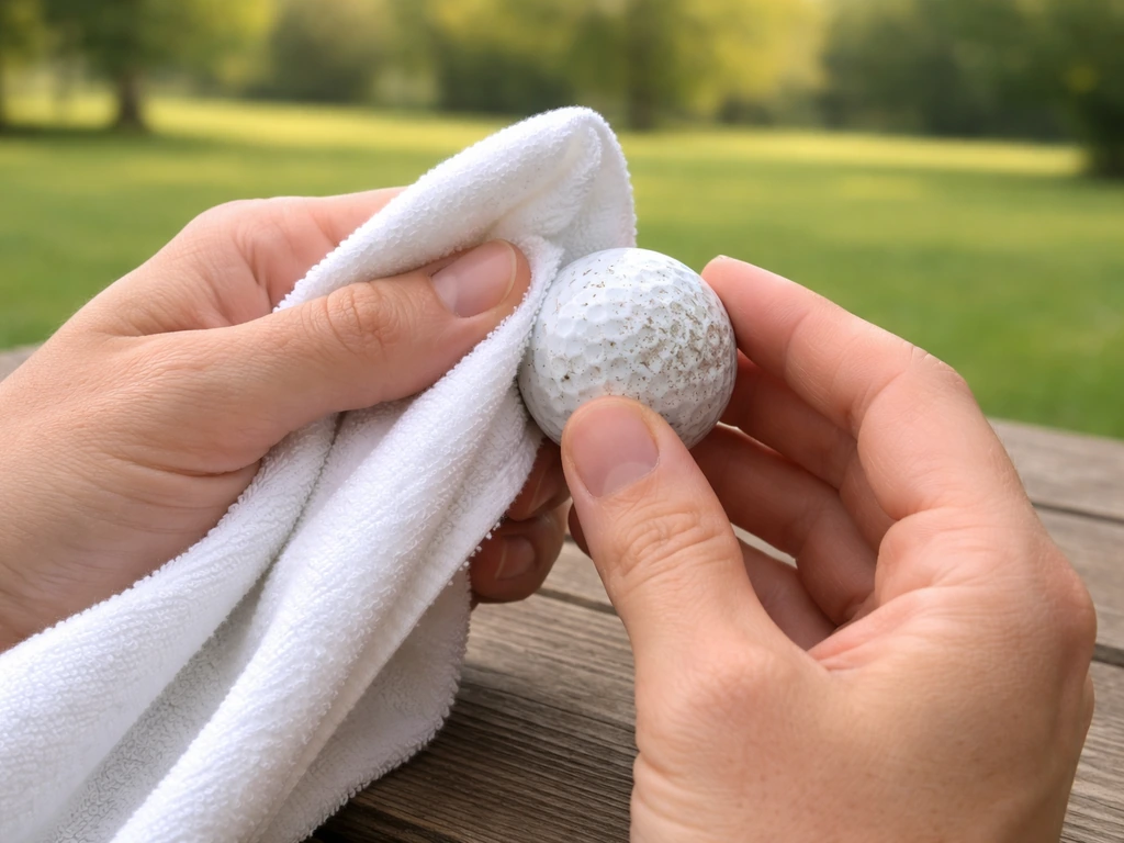 Close-up of hands wiping a golf ball with a towel before play in an outdoor setting.
