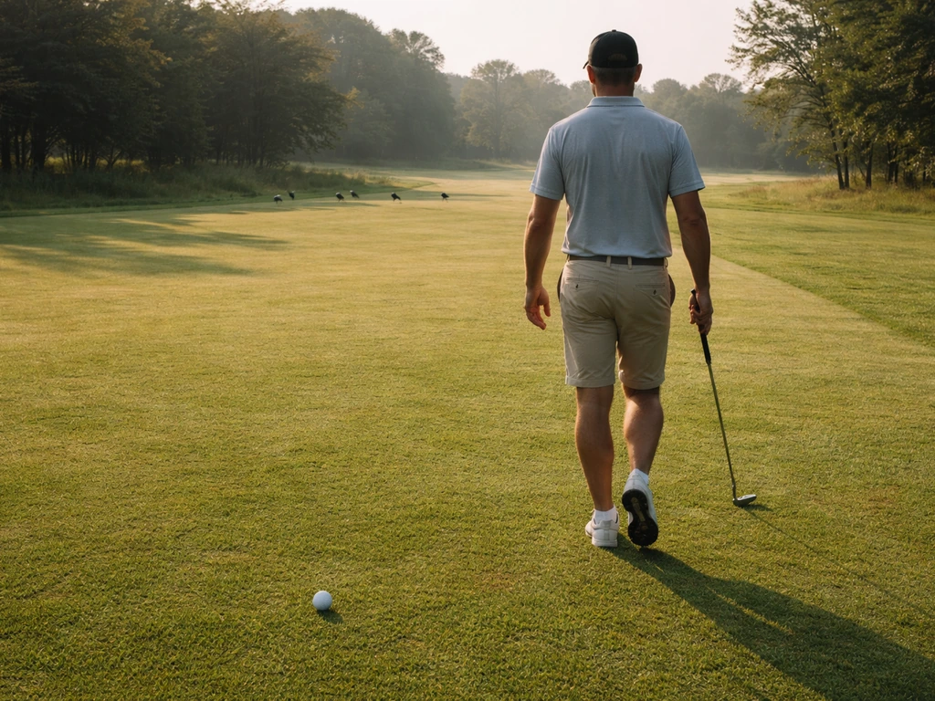 Anonymous golfer returns a ball promptly on grass while distant crows stay in the background.