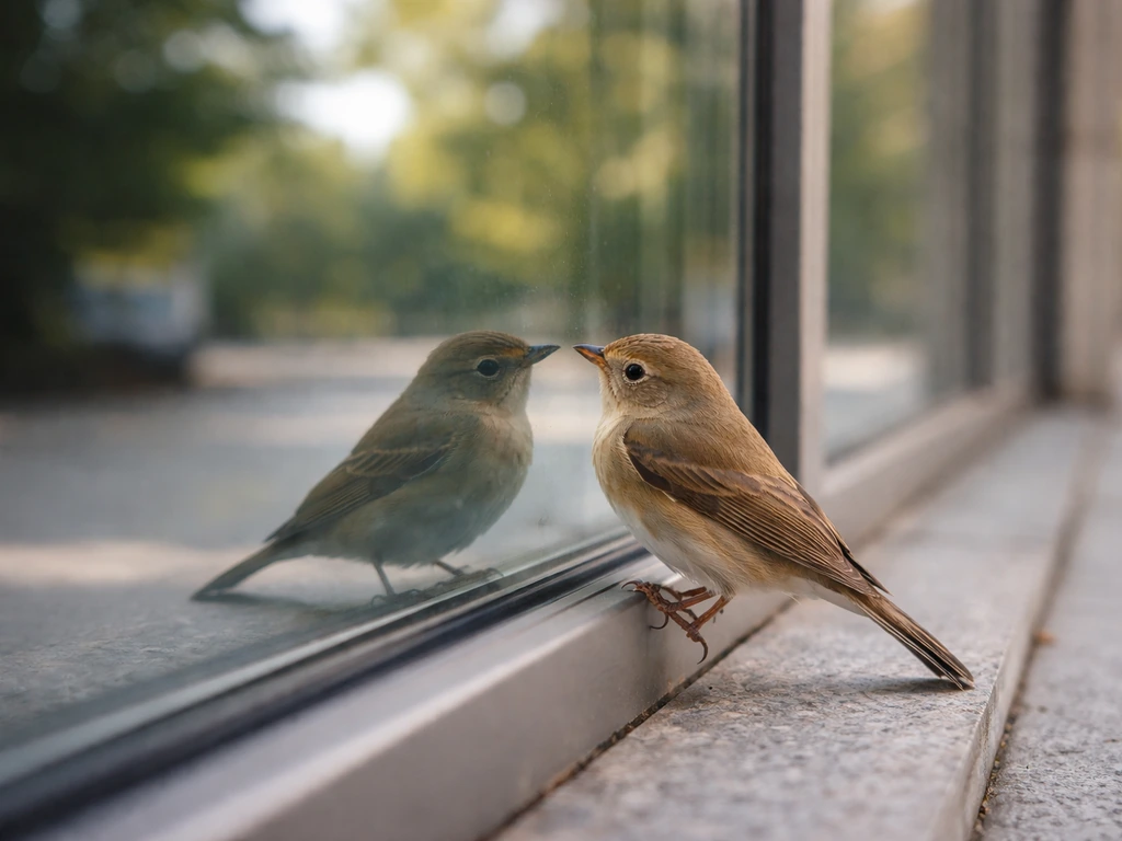 A small bird perched by a reflective building window with trees and sky faintly mirrored