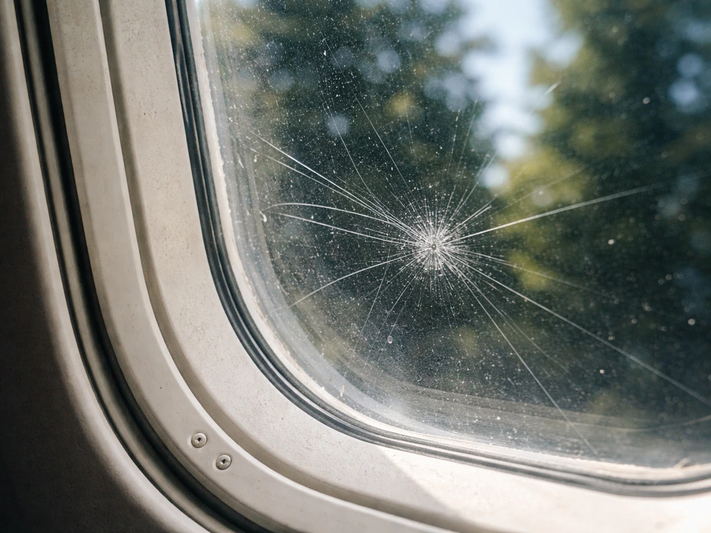 Close-up of a cracked aircraft window with bird impact marks and reflections of trees and sky.