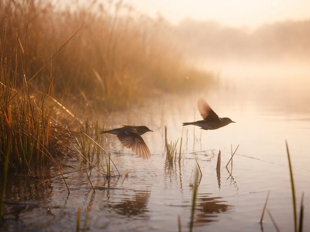 Two small birds flying low near reed cover at dawn, close to the ground with soft mist in the background.