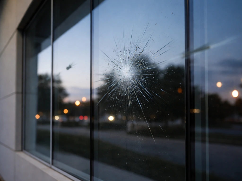 High-speed bird strike impact zone on window glass near a building facade, showing seriousness factors