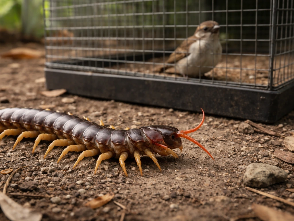 A dramatic giant centipede in the foreground facing a small bird near a simple enclosed habitat on the ground.
