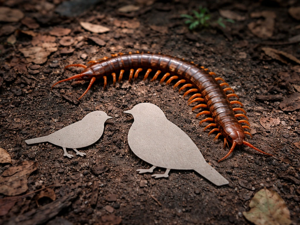 Close-up of a large scolopendra centipede beside a small and medium bird for size context.