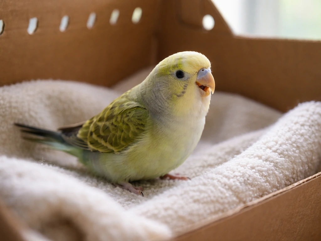 Small bird in a lined carrier showing open-mouth breathing and urgent respiratory distress cues.