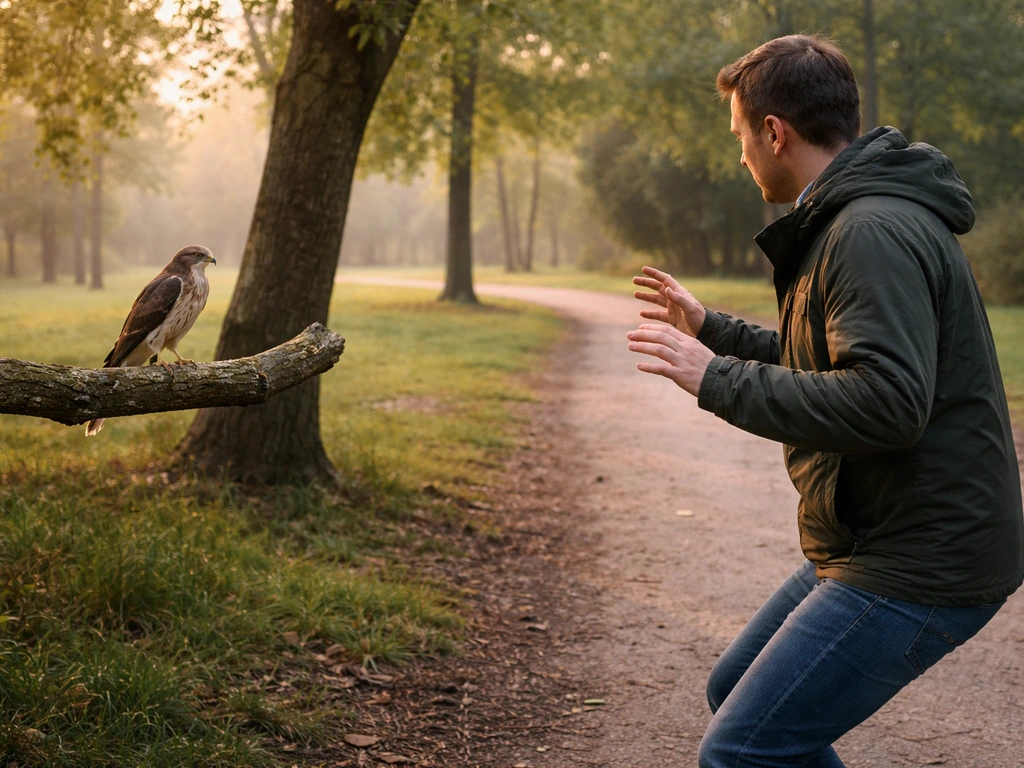 Person backing away from an aggressive bird in a quiet outdoor park, maintaining a safe distance.