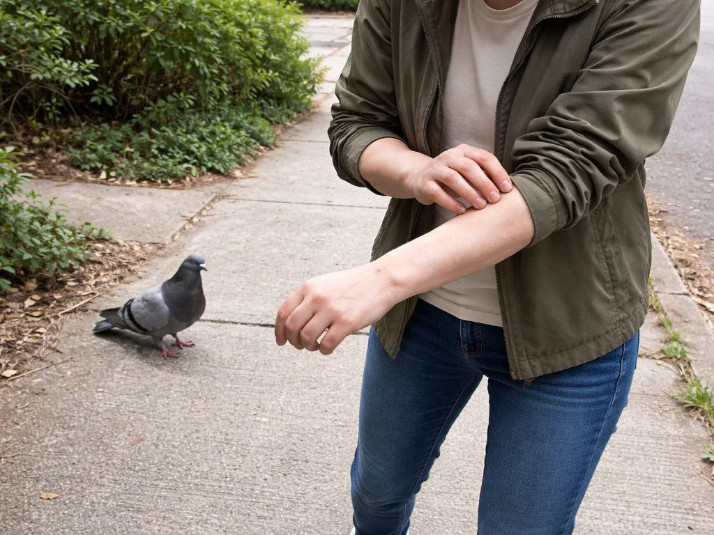 Person stepping back from an aggressive bird while checking an arm for minor pecks or scratches.
