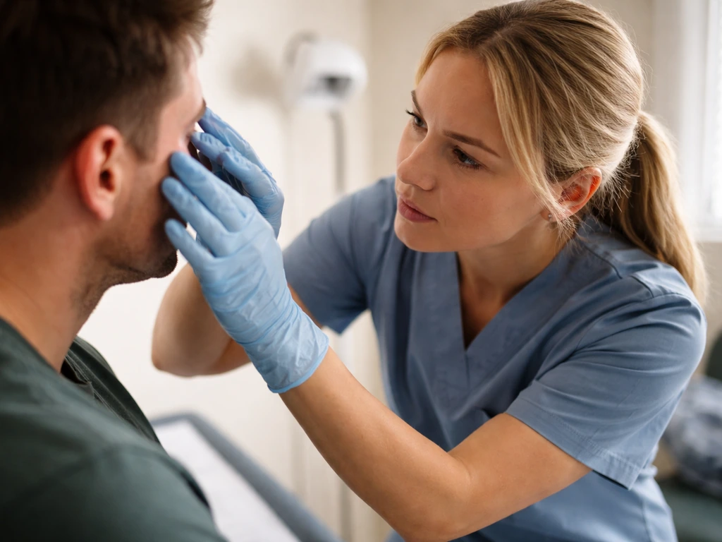 Clinician examining a bird-attack wound area near the eye on a patient’s cheek